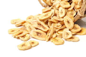 Banana chips on white background