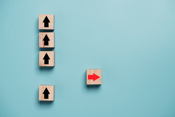 Red arrow out of line with black arrow to change disrupt and finding new normal way on blue...
