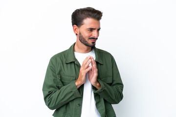 Young caucasian man isolated on white background scheming something