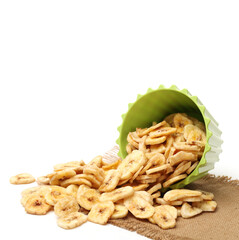 Banana chips on white background