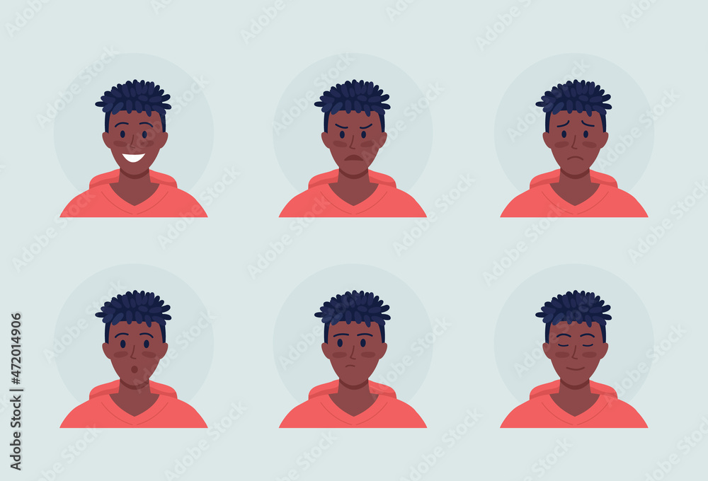 Poster man with emotional expressions semi flat color vector character avatar set. portrait from front view