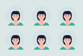 Female face with various emotions semi flat color vector character avatar set. Portrait from front view. Isolated modern cartoon style illustration for graphic design and animation pack