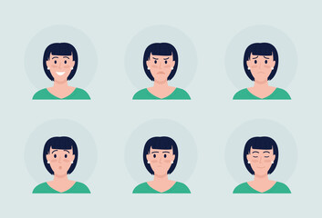 Female face with various emotions semi flat color vector character avatar set. Portrait from front view. Isolated modern cartoon style illustration for graphic design and animation pack
