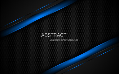 Abstract black and blue polygons overlapped on dark steel mesh background with free space for design. modern technology innovation concept background  © Natt