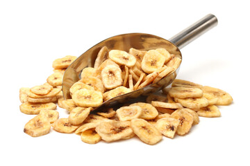 Banana chips on white background