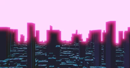 Peel and stick wall murals purple 3D CGI rendered illustration. Retro anime inspired dark city at night skyline with buildings, skyscrapers and digital pink neon sky.