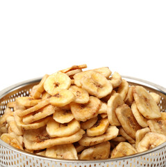 Banana chips on white background