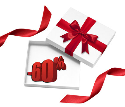 60% discount in an open gift with a red ribbon
