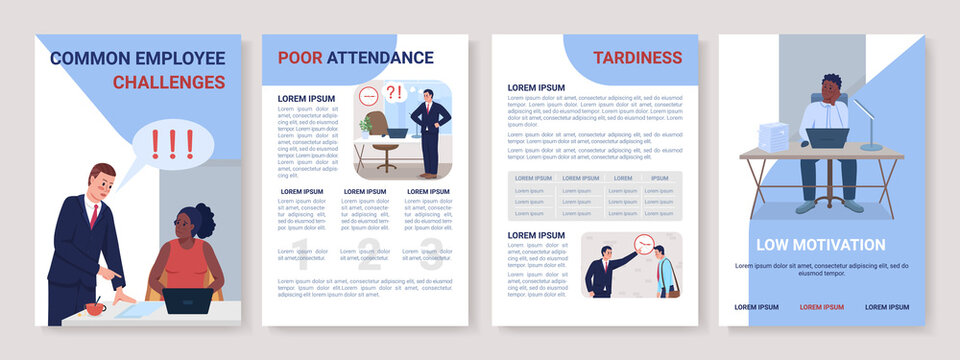 Common employee challenges flat vector brochure template. Flyer, booklet, printable leaflet design with flat illustrations. Magazine page, cartoon reports, infographic posters with text space - Powered by Adobe
