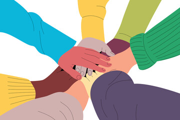 People with hands piled together. Multicultural friends of different colors and ethnicities cooperating. Living together in unity concept vector.