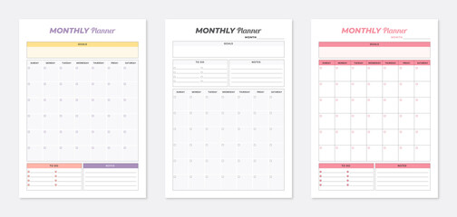 3 set of minimalist planners template. Monthly planner template. Minimal monthly planner template