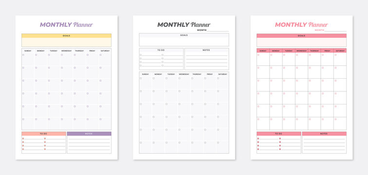 3 set of minimalist planners template. Monthly planner template. Minimal monthly planner template