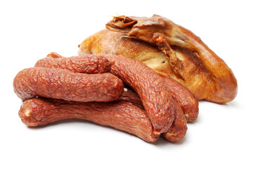 Smoked duck and Sausage on white background 