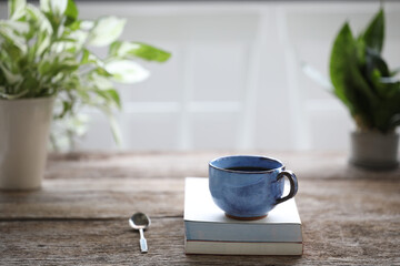 Blue coffee cup with notebooks and green plant pot