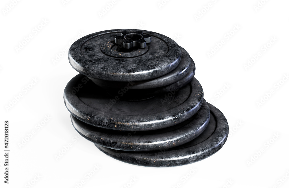 Fototapete 3d rendering of five black barbell weights of different mass hanging in one line on a white backgrou