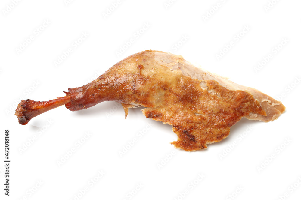 Poster Smoked duck leg on white background 