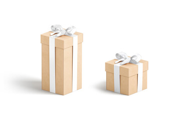 Blank craft gift box with white ribbon bow mockup, isolated