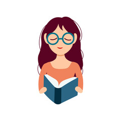 Studing or reading girl at the table. Vector illustration in flat cartoon style