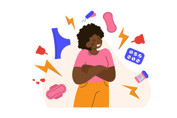 Angry black woman during menstruation. Female character experience mood change. PMS, hormonal disbalance, stress concept. Modern flat vector illustration
