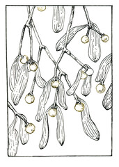 Christmas composition with mistletoe. Black and white with gold clipart for a New Year's card. Watercolor illustration, made by hand winter sketch.