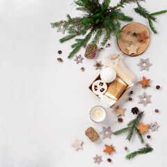 Fototapeta na wymiar Winter Christmas gift box with plastic free cosmetics products on white natural background, top view, copy space.