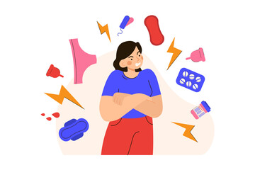 Angry woman during menstruation. Female character experience mood change. PMS, hormonal disbalance, stress concept. Modern flat vector illustration