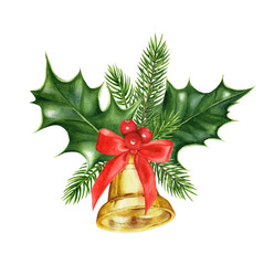 Watercolor Christmas composition: holly leaves and berries, branches of a Christmas tree, a golden bell with a red satin ribbon bow