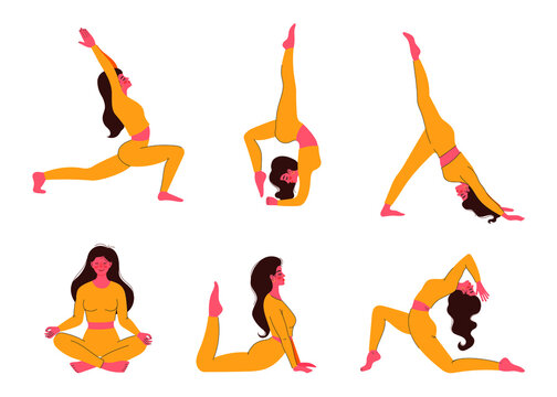  Girl does yoga assans. Healthy lifestyle. Vector illustration in handdrawn flat style