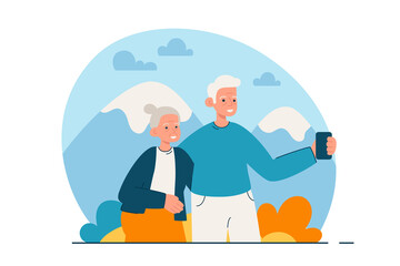 Elderly couple making selfie et the mountains. Happy aged man and woman on vacation together. Active retirement lifestyle and tourism concept. Modern flat vector illustration