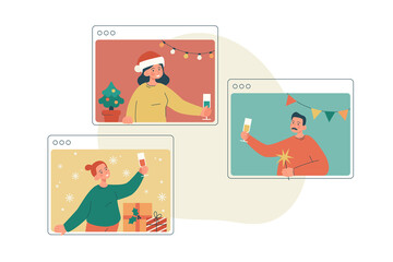 Group of cheerful friends celebrating christmas online. Meeting together by video call during isolation. Remote holiday greetings concept. Modern flat vector illustration