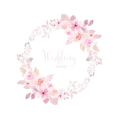 Watercolor wreath of pink flower and leaves
