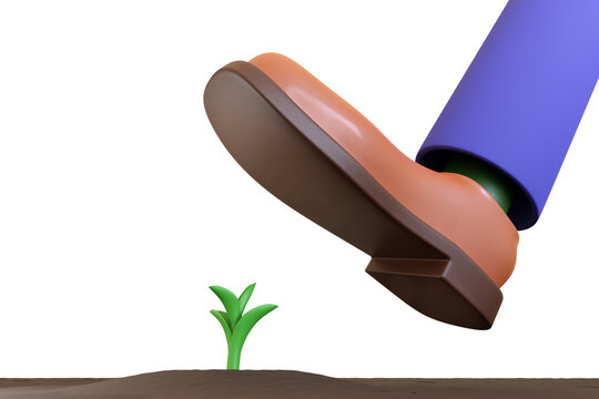 Foot stepping on a sprout of a plant. 3d illustration.