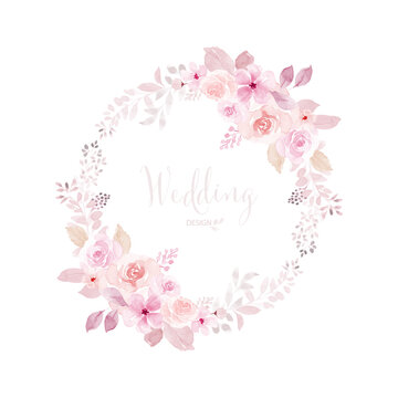 Watercolor wreath of pink flower and leaves