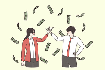 Financial success and Leadership concept. Business team colleagues man and woman standing shaking hands with flying money at background vector illustration 