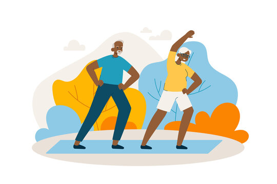 Black elderly couple doing yoga in park. Happy aged man and woman doing exercises outdoors. Active retirement, sport and healthy lifestyle concept. Modern flat vector illustration