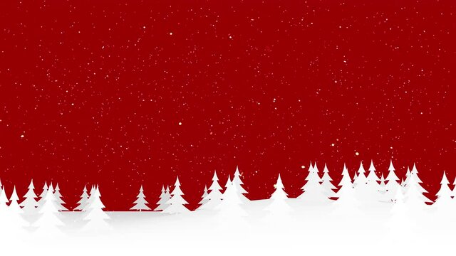 Looped animated christmas background of pine tree landscape with golden snow particles on red background 
