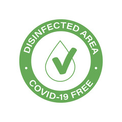 The round symbol for disinfected covid-19 areas. Icon of the coronavirus-free zone. Green icon with a drop and a tick, circular text