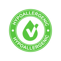 Hypoallergenic round green icon with a drop and a tick, isolated on a white background. Circular inscription hypoallergenic