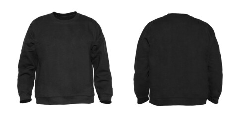 Blank sweatshirt color black on invisible mannequin template front and back view on white...
