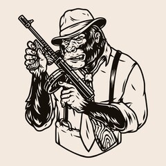 Naklejka premium Dangerous mafia boss gorilla in fedora hat
