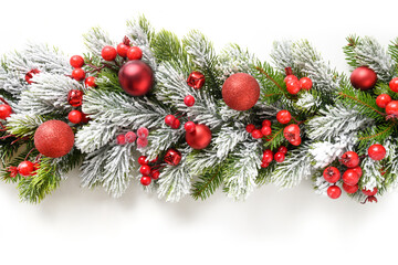 Obraz na płótnie Canvas Christmas banner with red baubles and holly berry in row on snowy evergreen fir branches isolated on white background. Wide size.