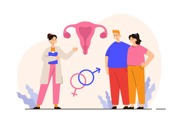 Happy young married couple consulting fertility doctor. Future mother and father standing together. Pregnancy, family and parenthood concept. Modern flat vector illustration