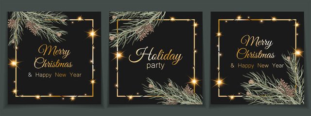 A new set of Christmas party invitations with silver letters and lettering on a dark background.With the image of fir branches with cones and bright lights of a garland.For printing,instagram post
