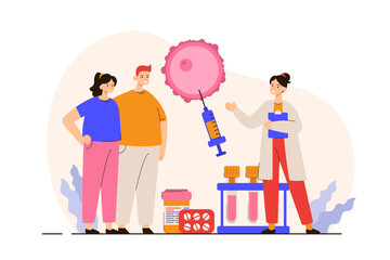 Happy young married couple discussing IVF with a doctor. Pregnancy, family and parenthood concept. IVF and infertility treatment. Modern flat vector illustration