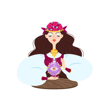 Fortune teller female character. Gypsy oracle. Cartoon illustration of a beautiful girl telling the future by seeing a magic ball isolated on a white background. Vector 10 EPS.