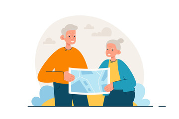 Elderly couple reading map. Happy aged man and woman going on vacation together. Active retirement lifestyle and tourism concept. Modern flat vector illustration