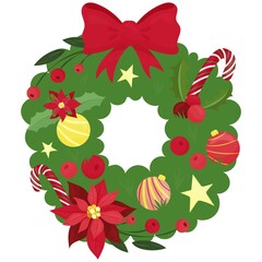 Fototapeta na wymiar christmas decorative wreath on the door with a bow - Christmas children s picture, vector illustration, flat style,