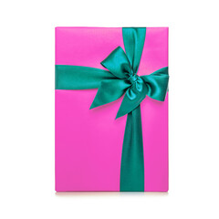 Bright pink gift box with green ribbon. A beautiful gift.