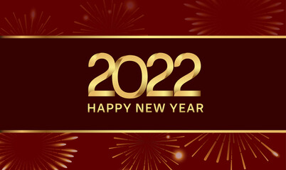 happy new year 2022 golden color with fireworks isolated red background
