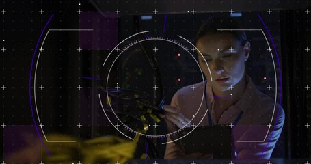 Animation of scope over caucasian female it engineer with tablet by computer server - Powered by Adobe